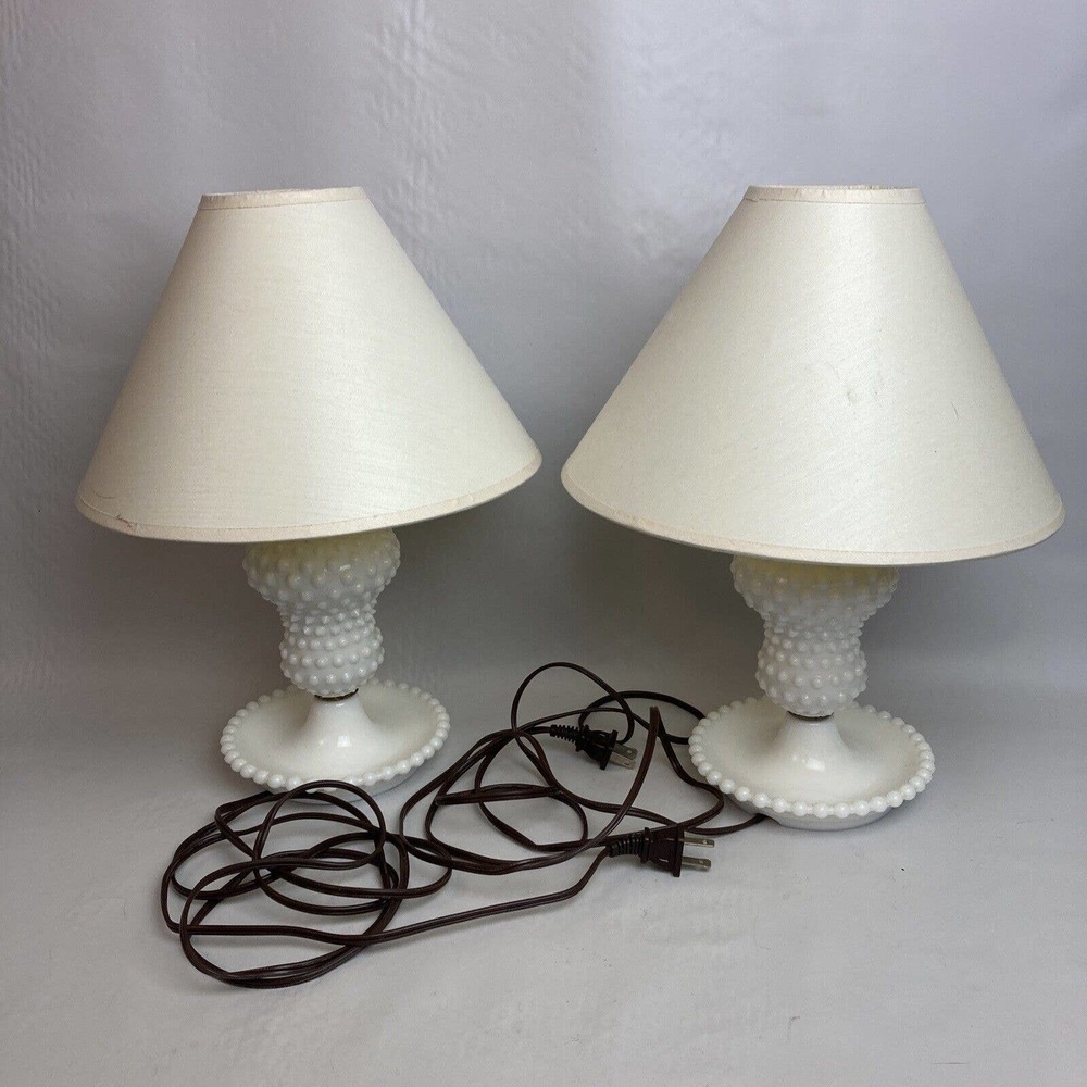 Vintage Mid Century White Milk Glass Hobnail Farmhouse Bedside Table Lamps 15"